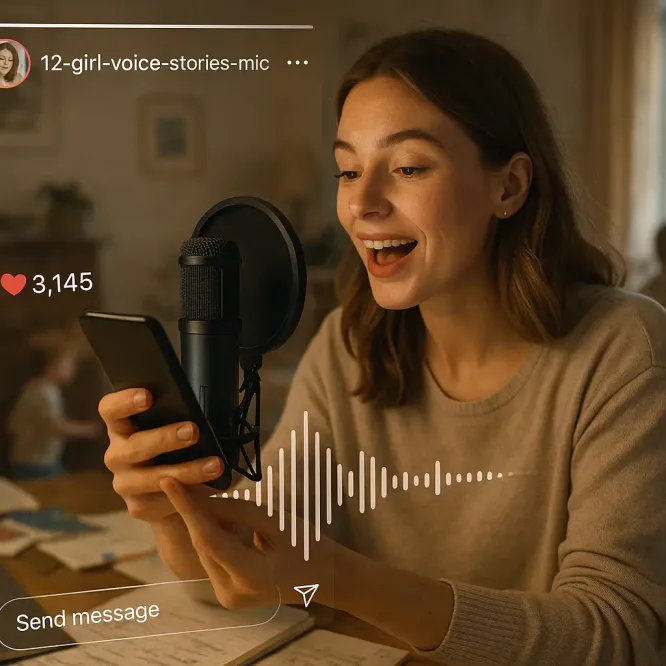 Девушка записывает голосовой сторис с микрофоном