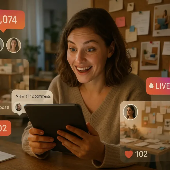 Женщина с планшетом и доской с карточками Instagram