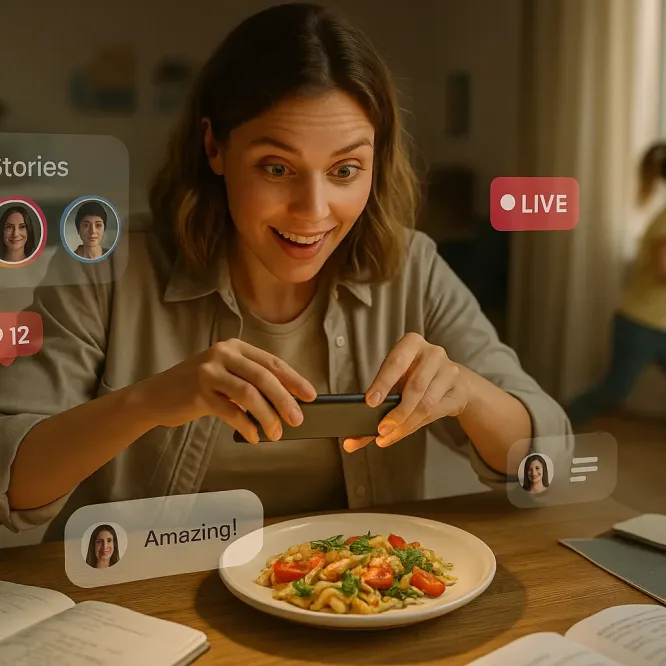 Блогер фотографирует еду с элементами Instagram