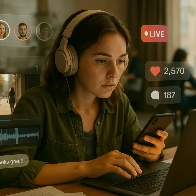 Девушка монтирует видео в коворкинге с интерфейсом Instagram