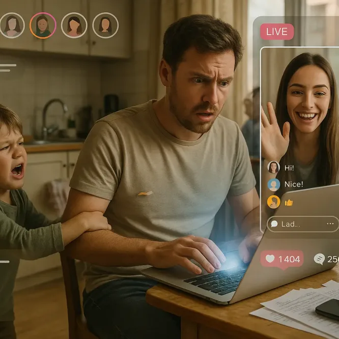 Мужчина с ноутбуком и ребёнком во время прямого эфира