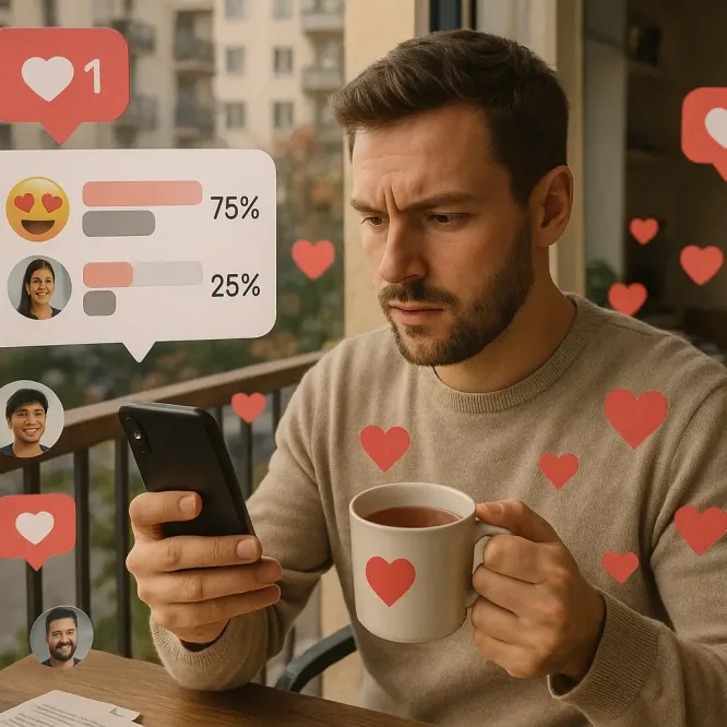 Мужчина на балконе с реакциями сторис в Instagram