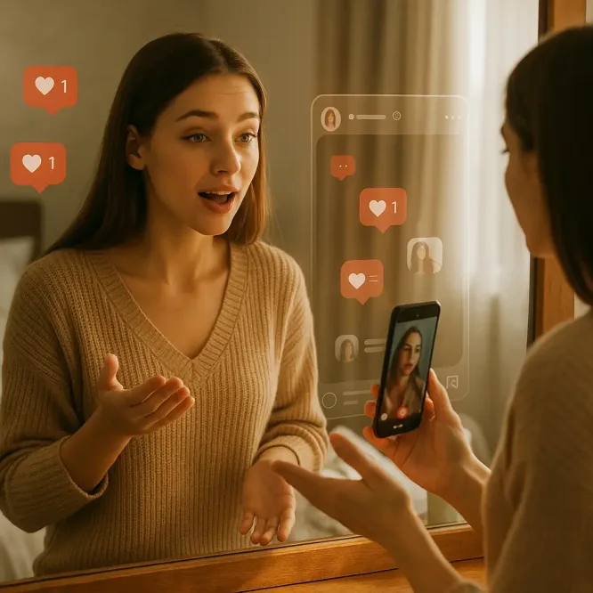 Девушка у зеркала репетирует сторис с лайками