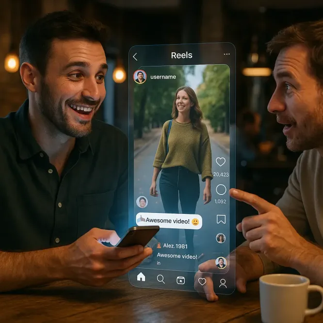Мужчина обсуждает пост с подписчиком с интерфейсом Reels
