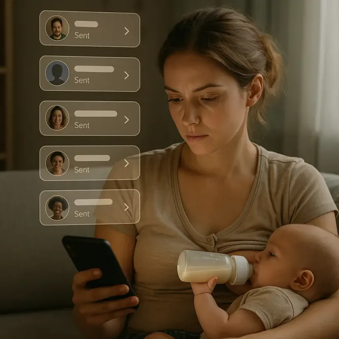 Мама с малышом отвечает на сообщения Instagram