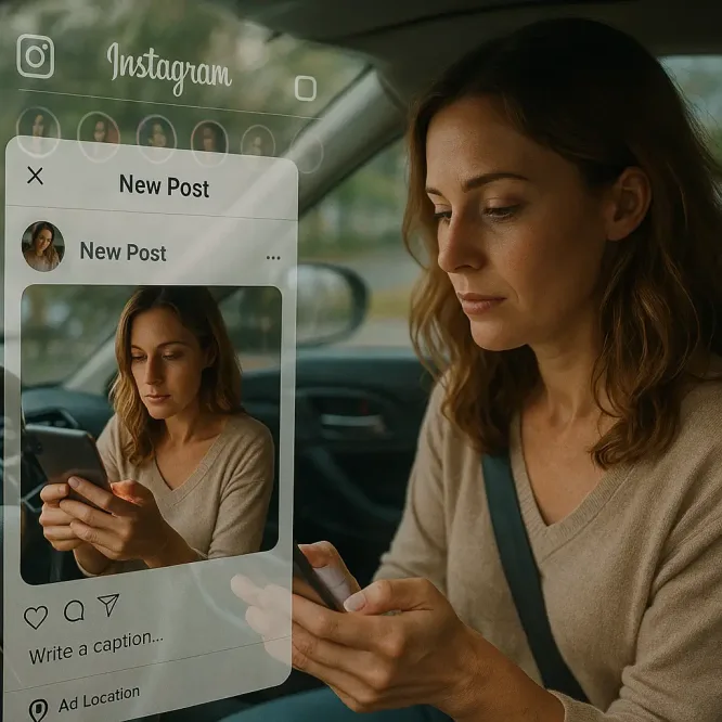 Женщина в машине публикует пост в Instagram