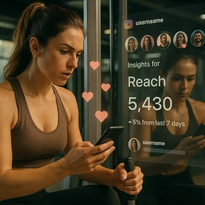 Женщина в спортзале смотрит охваты Instagram