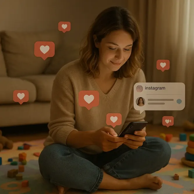 Женщина с телефоном среди игрушек и интерфейсом Instagram